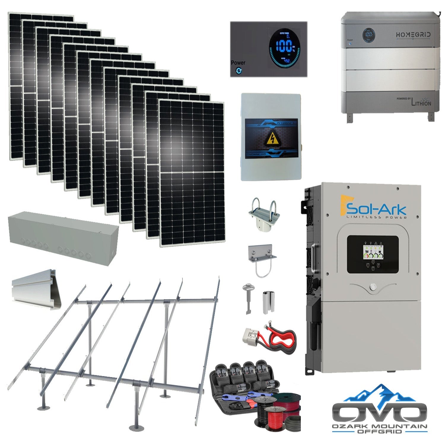 6KW Complete Offgrid Solar Kit - 9.6kWh Lithium Battery + 15K Sol Ark Inverter +6.6KW Solar with Ground Mount and Wiring