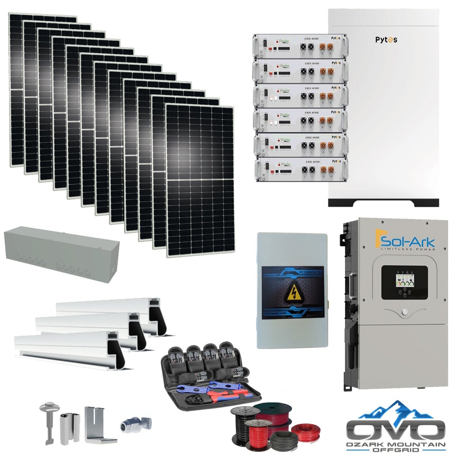 6KW Complete Offgrid Solar Kit - 30.72kWh Pytes Lithium Battery + 15K Sol Ark Inverter +6.6KW Solar with Mounting Rails and Wiring