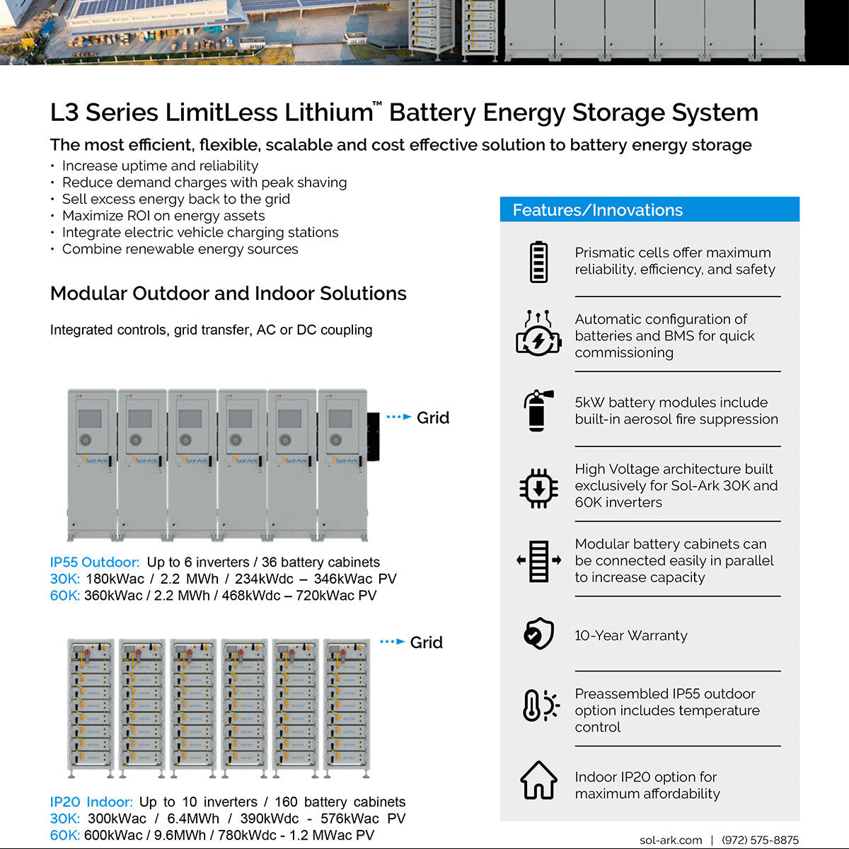 Commercial 120KW Solar Array - 3 Phase 208V Solar Kit + 4x 30K 208V Sol-Ark Inverter + 4x 60KW Sol-Ark OUTDOOR Lithium Battery +118.8KW Solar with Ground Mount and Wiring