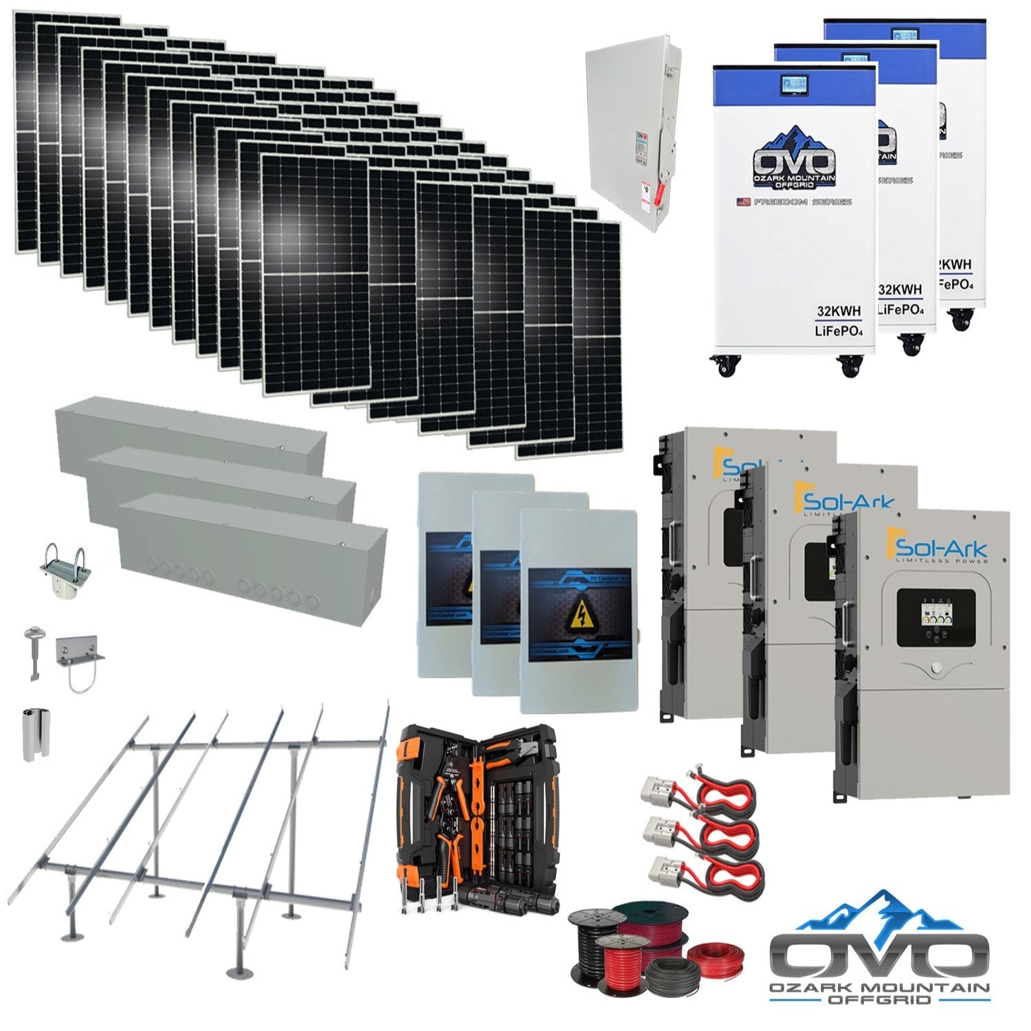 40KW Complete Offgrid Solar Kit + 3x 15K Sol-Ark Inverter + 3x 32kWh OMO 48V Freedom Series Lithium Battery +40.15KW Solar with Ground Mount and Wiring