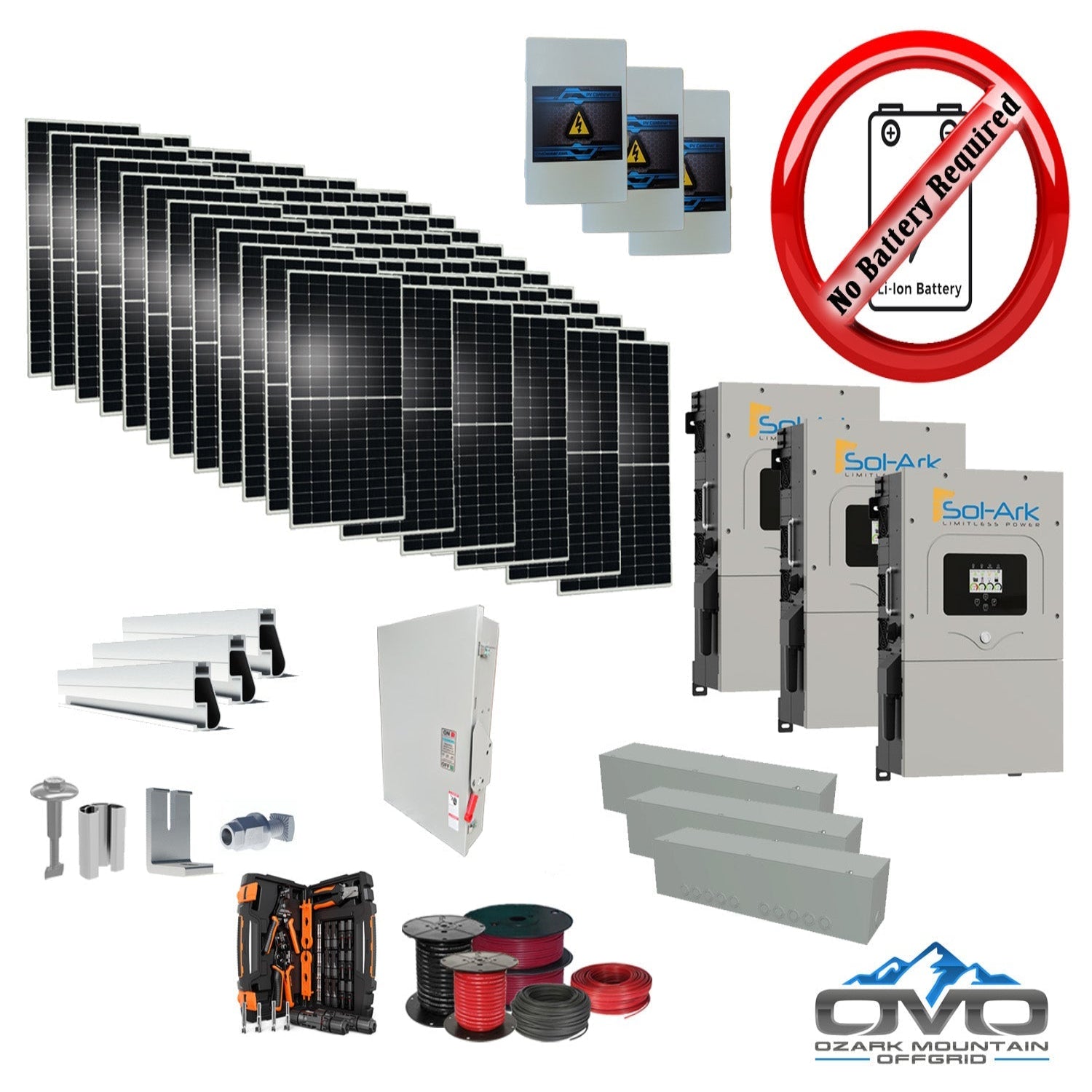 40KW Complete Offgrid Solar Kit + 3x 15K Sol-Ark Inverter +40.15KW Solar with Mounting Rails and Wiring